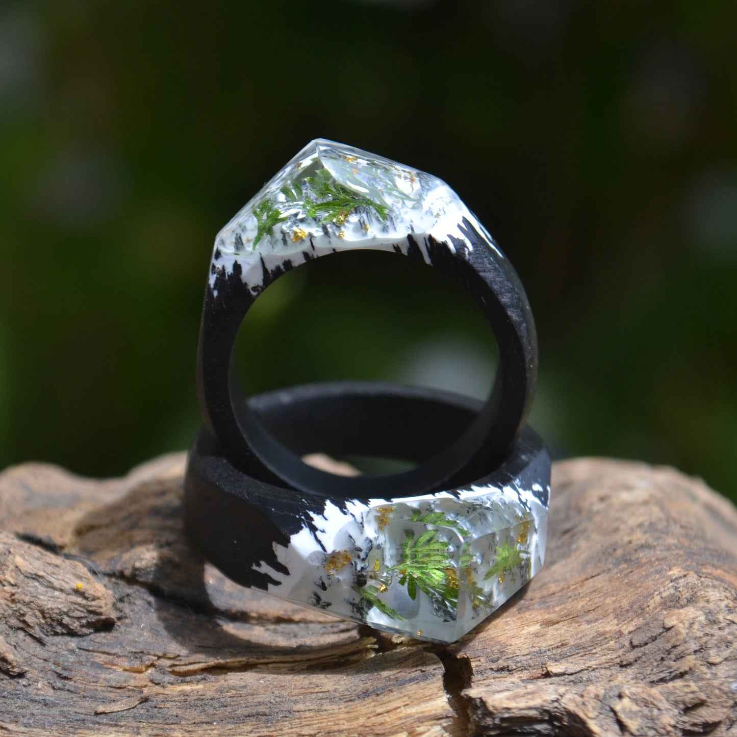 Anillo de ebano, resina y helecho encapsulado / Ebony, Resin, and Encapsulated Fern Ring